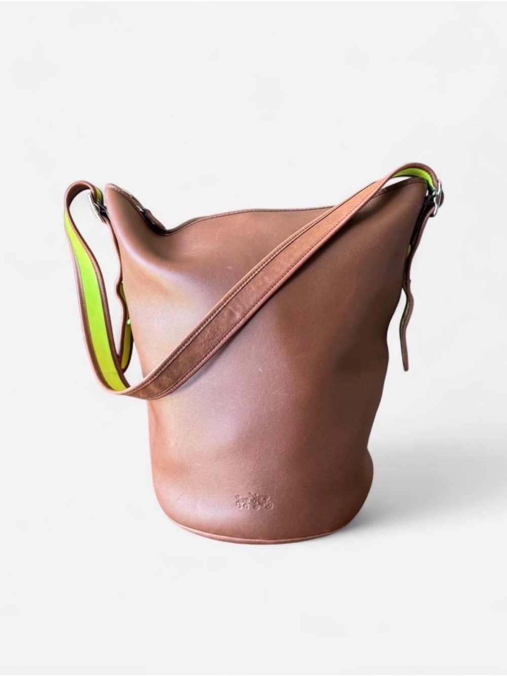 Coach Brown Leather Bucket Bag with Neon Green-Trim Shoulder Strap